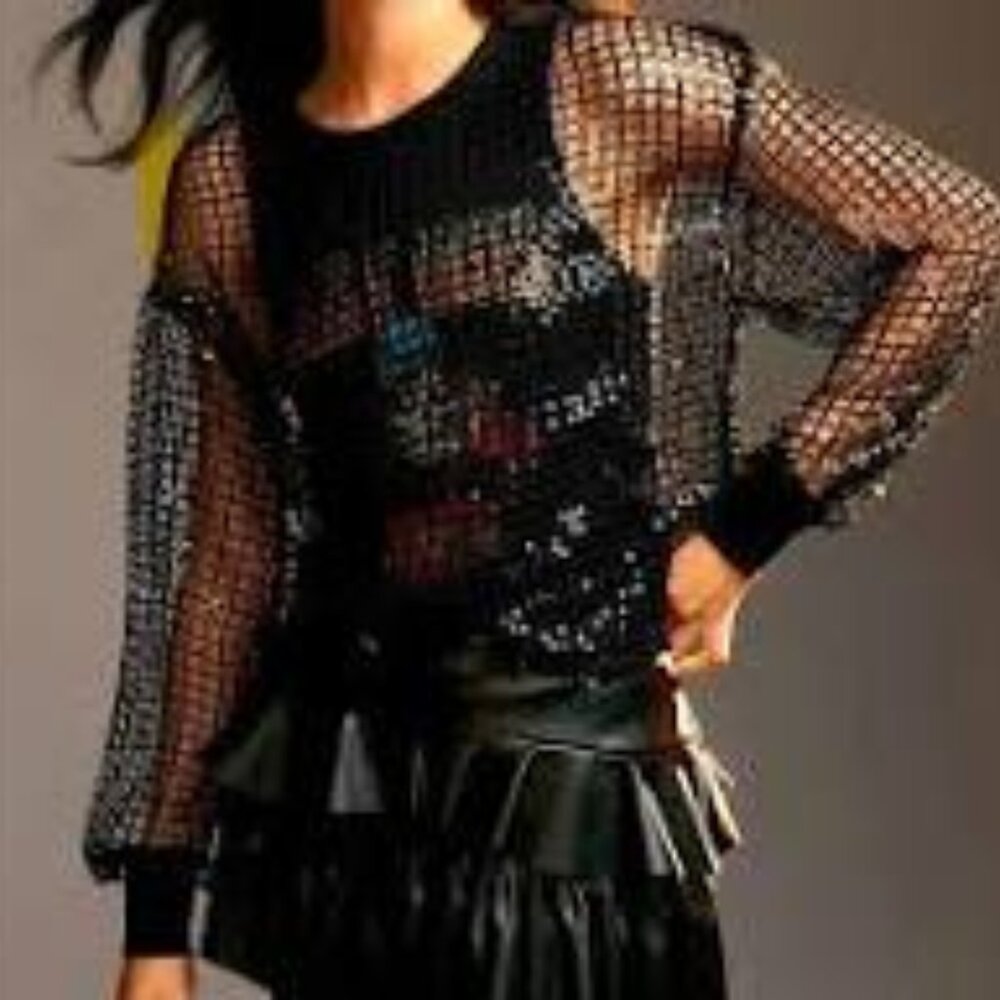 NWT Pilcro Anthropologie Long Sleeve Sequin Top Size M Guns N Roses 87